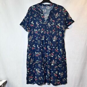 Navy Floral Pintuck Short Sleeve V-Neck Babydoll Peasant Dress XXL